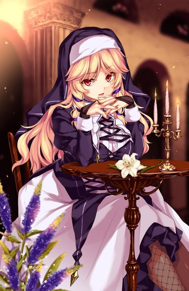 Anime picture 1303x2000 with flower knight girl veronica (flower knight girl) moneti (daifuku) single long hair tall image looking at viewer fringe breasts blonde hair red eyes sitting indoors long sleeves nail polish parted lips fingernails light smile blurry depth of field