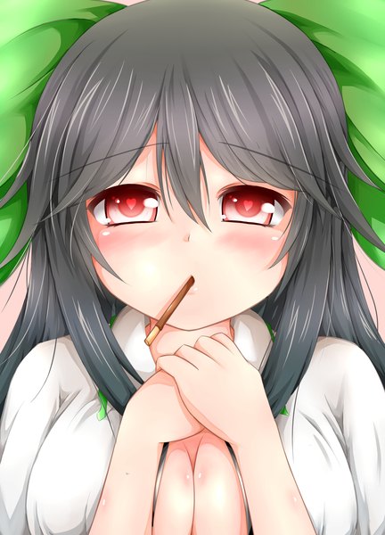 Anime picture 2322x3222 with touhou reiuji utsuho meragold single long hair tall image blush highres breasts light erotic black hair red eyes large breasts incoming pocky kiss girl food sweets pocky