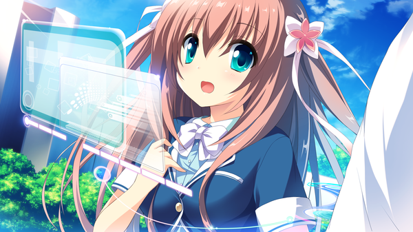 Anime picture 2560x1440 with cocoro@function! hasugase mina long hair highres open mouth blue eyes brown hair wide image game cg sky cloud (clouds) girl hair ornament