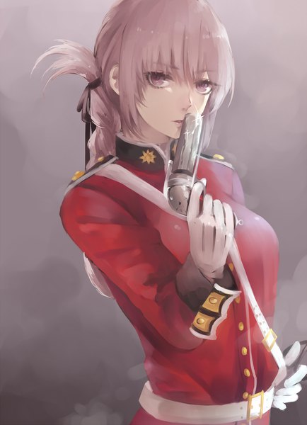 Anime picture 1808x2500 with fate (series) fate/grand order florence nightingale (fate) ichinose rei single long hair tall image looking at viewer fringe highres simple background hair between eyes pink hair upper body braid (braids) pink eyes grey background military girl gloves