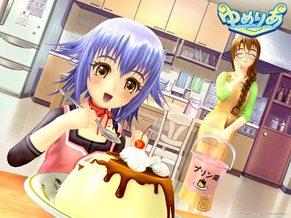 Anime picture 1024x768 with yumeria studio deen mone brown hair yellow eyes blue hair glasses pudding senjou nanase