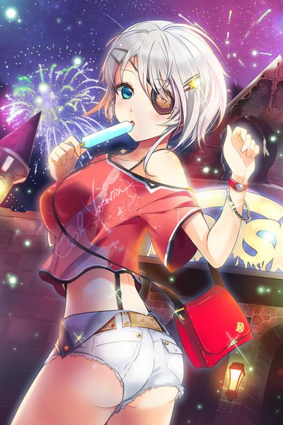 Anime picture 600x900 with sword girls iri flina deeple single tall image looking at viewer short hair open mouth blue eyes light erotic bare shoulders holding silver hair looking back midriff denim girl shorts bracelet short shorts