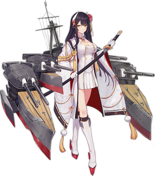 Anime picture 902x1024 with azur lane hiei (azur lane) criin single long hair tall image looking at viewer fringe black hair yellow eyes full body long sleeves traditional clothes japanese clothes hair flower horn (horns) official art transparent background girl dress