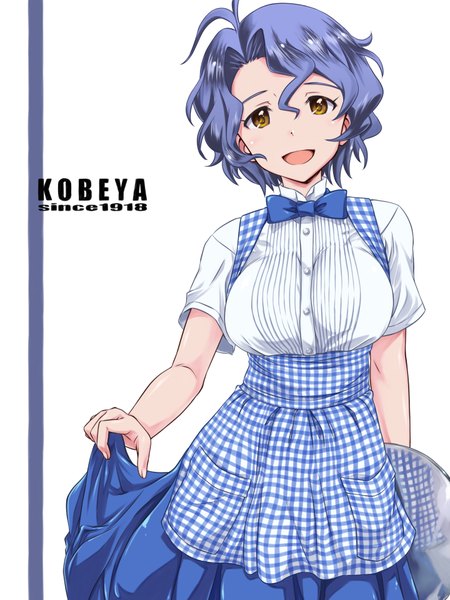 Anime picture 720x960 with idolmaster idolmaster million live! toyokawa fuuka oomura single tall image looking at viewer fringe short hair breasts open mouth simple background hair between eyes large breasts white background brown eyes blue hair ahoge wavy hair plaid