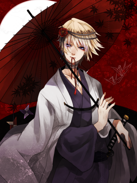 Anime picture 1200x1600 with tiger & bunny sunrise (studio) ivan karelin yon (artist) single tall image short hair blonde hair purple eyes japanese clothes hair flower red background boy hair ornament flower (flowers) ribbon (ribbons) weapon sword kimono katana