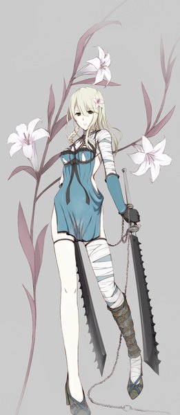 Anime picture 1785x4092 with nier kaine (nier) erise single long hair tall image looking at viewer highres blonde hair holding green eyes braid (braids) hair flower high heels dual wielding girl dress gloves hair ornament flower (flowers)