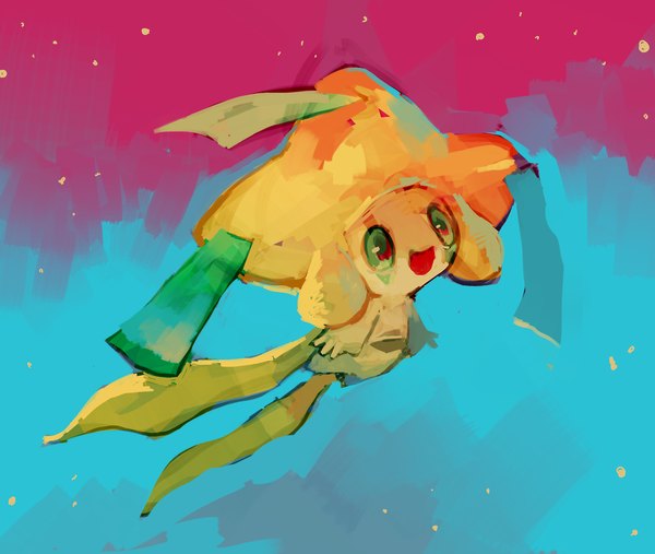 Anime picture 1280x1082 with pokemon nintendo jirachi glitchedpuppet single open mouth green eyes blue background pink background flying no people gen 3 pokemon pokemon (creature)