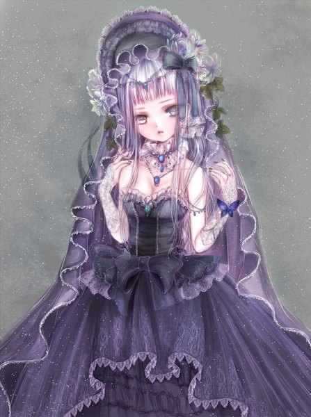 Anime picture 1200x1610 with original himemurasaki single long hair tall image looking at viewer blue hair heterochromia girl dress flower (flowers) bow hair bow frills bonnet