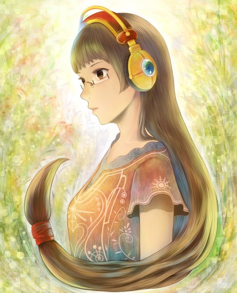 Anime picture 1463x1800 with original bounin single long hair tall image brown hair brown eyes girl glasses headphones