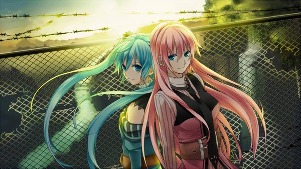 Anime picture 1500x843 with vocaloid hatsune miku megurine luka long hair looking at viewer fringe smile wide image multiple girls pink hair aqua eyes aqua hair off shoulder alternate costume looking up back to back girl 2 girls shirt necktie