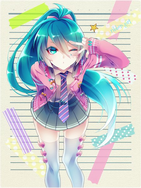 Anime picture 1536x2048 with project diva project diva f vocaloid hatsune miku 1055 single long hair tall image looking at viewer fringe hair between eyes payot ponytail nail polish pleated skirt one eye closed aqua eyes fingernails wink aqua hair