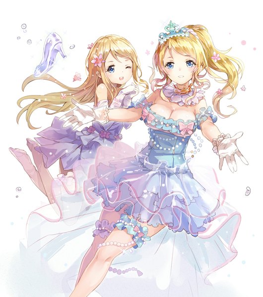 Anime picture 1000x1131 with love live! school idol project the story of cinderella sunrise (studio) love live! ayase eli ayase arisa cinderella 77gl long hair tall image looking at viewer blue eyes simple background blonde hair white background multiple girls cleavage bent knee (knees) ponytail one eye closed