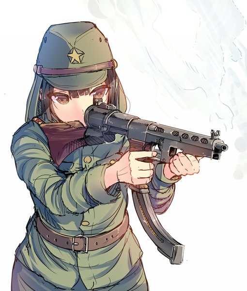 Anime picture 850x1000 with original daito (daito369) single tall image short hair simple background brown hair standing white background holding brown eyes fingernails military girl uniform weapon belt gun military uniform peaked cap