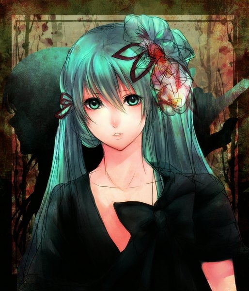 Anime picture 1500x1750 with vocaloid hatsune miku sasaki ryou long hair tall image green eyes profile green hair silhouette girl hair ornament