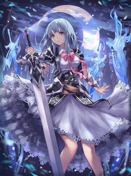 Anime picture 1000x1346 with original yohaku single long hair tall image looking at viewer fringe breasts blue eyes standing holding payot blue hair cloud (clouds) outdoors blunt bangs parted lips night sparkle short sleeves