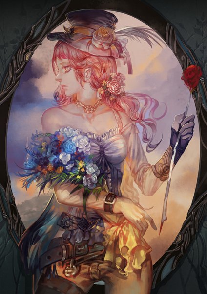 Anime picture 600x849 with original pixiv fantasia pixiv fantasia t afra single long hair tall image fringe breasts looking away pink hair profile pink eyes hair flower lips reflection wavy hair girl hair ornament flower (flowers)