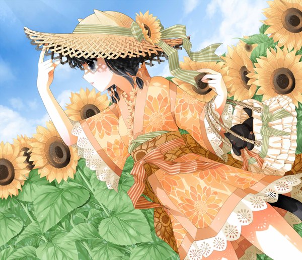 Anime picture 1531x1320 with original kanzaki miku kuroinu single short hair black hair black eyes girl dress hat belt straw hat sunflower