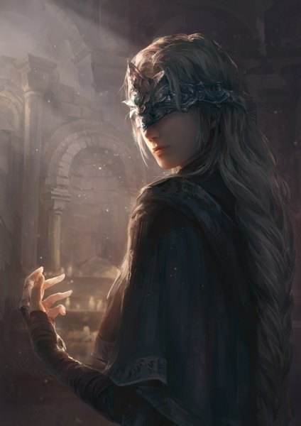 Anime picture 2000x2829 with dark souls (series) dark souls dark souls 3 from software fire keeper jlien- single long hair tall image highres silver hair upper body braid (braids) looking back light smile lips from behind sunlight realistic shadow