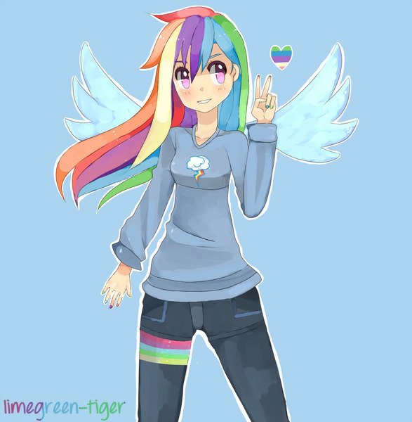Anime picture 1000x1022 with my little pony rainbow dash single long hair tall image pink eyes multicolored hair victory personification girl wings heart sweater