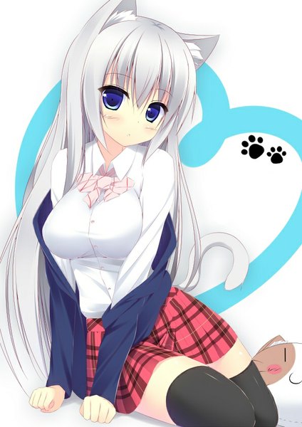 Anime picture 595x841 with original megarisu single long hair tall image looking at viewer blush fringe breasts blue eyes smile large breasts white background sitting animal ears white hair tail head tilt animal tail cat ears