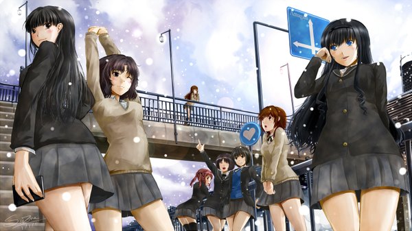 Anime picture 1600x899 with amagami nanasaki ai morishima haruka ayatsuji tsukasa tanamachi kaoru nakata sae sakurai rihoko tachibana miya kamizaki risa sinzire (artist) long hair blush short hair open mouth blue eyes black hair brown hair wide image multiple girls black eyes