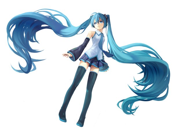 Anime picture 1804x1350 with vocaloid hatsune miku kari kenji single looking at viewer highres blue eyes simple background white background twintails bare shoulders blue hair very long hair zettai ryouiki girl skirt hair ornament detached sleeves miniskirt necktie