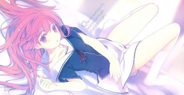 Anime picture 2788x1440 with ore no kanojo to osananajimi ga shuraba sugiru a-1 pictures fuyuumi ai ruroo single long hair looking at viewer fringe highres wide image pink hair lying pink eyes from above inscription :o girl uniform school uniform socks