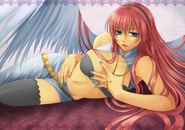 Anime picture 1200x849 with vocaloid megurine luka blue eyes light erotic pink hair girl wings