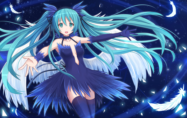 Anime picture 1366x863 with vocaloid hatsune miku kazenokaze single long hair looking at viewer blush breasts open mouth light erotic twintails aqua eyes aqua hair zettai ryouiki spread arms space girl thighhighs dress gloves