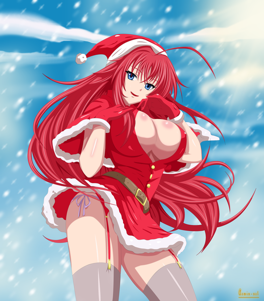 Anime picture 2500x2858 with highschool dxd rias gremory iitheluciferii single long hair tall image highres open mouth blue eyes light erotic sky cleavage cloud (clouds) ahoge red hair sunlight fur trim lipstick coloring snowing