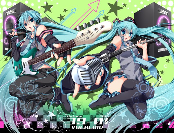 Anime picture 1000x766 with vocaloid hatsune miku hatsune mikuo sayo wini long hair short hair open mouth twintails aqua eyes aqua hair girl boy skirt detached sleeves miniskirt necktie headphones microphone guitar speakers