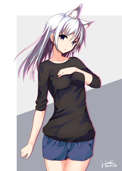 Anime picture 715x1000 with original iori (cpeilad) single long hair tall image looking at viewer purple eyes signed animal ears white hair hand on chest girl shorts blouse