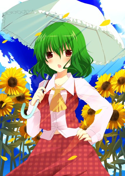 Anime picture 1000x1404 with touhou kazami yuuka fujishiro emyu single tall image blush short hair open mouth red eyes cloud (clouds) green hair girl skirt petals umbrella skirt set sunflower