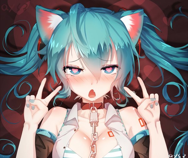 Anime picture 950x800 with vocaloid hatsune miku qys3 single long hair looking at viewer blush fringe breasts open mouth light erotic hair between eyes signed animal ears payot upper body ahoge aqua eyes cat ears aqua hair