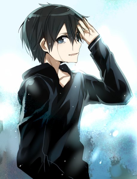 Anime picture 764x1000 with sword art online a-1 pictures kirigaya kazuto jianmo sl single tall image looking at viewer short hair open mouth black hair black eyes tears hand on head crying boy