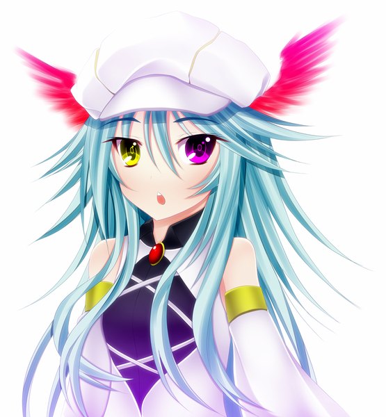 Anime picture 1110x1200 with kiyomin single long hair tall image open mouth white background bare shoulders yellow eyes blue hair pink eyes heterochromia head wings girl detached sleeves headdress