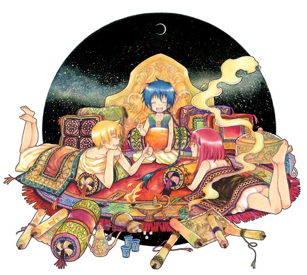 Anime picture 1106x990 with magi the labyrinth of magic a-1 pictures morgiana aladdin (magi) ali baba saluja yuuno (yukioka) long hair short hair open mouth blonde hair smile red eyes sitting blue hair pink hair lying eyes closed multiple boys crossed legs single braid