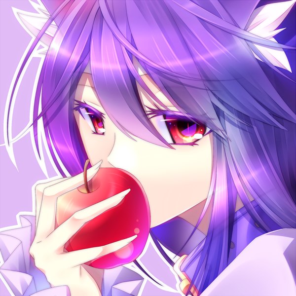 Anime picture 1200x1200 with original kawasaki toiro single long hair looking at viewer simple background red eyes animal ears purple hair close-up face purple background girl fruit apple