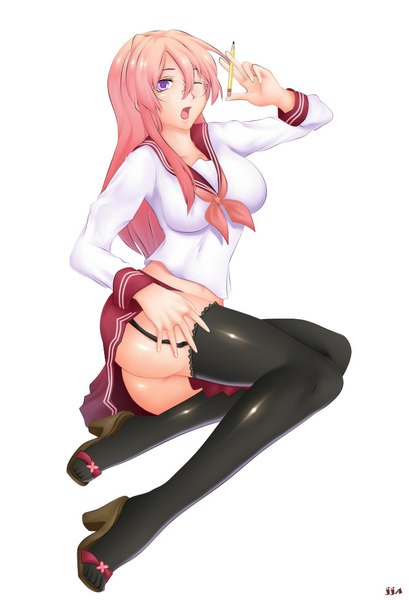 Anime picture 750x1100 with lucky star kyoto animation takara miyuki khalitzburg single long hair tall image looking at viewer open mouth light erotic simple background white background purple eyes pink hair one eye closed wink girl thighhighs uniform black thighhighs