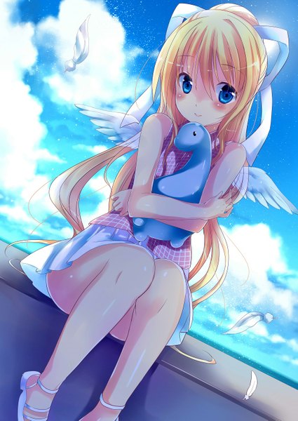 Anime picture 1003x1417 with air key (studio) kamio misuzu shouin single long hair tall image looking at viewer blush blue eyes blonde hair sitting bare shoulders sky cloud (clouds) ponytail angel wings girl skirt ribbon (ribbons)