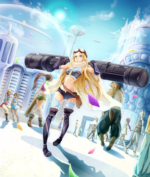Anime picture 1342x1587 with original conone long hair tall image blue eyes blonde hair looking away sky city goggles on head futuristic girl thighhighs gloves elbow gloves shorts scarf building (buildings) thigh boots goggles