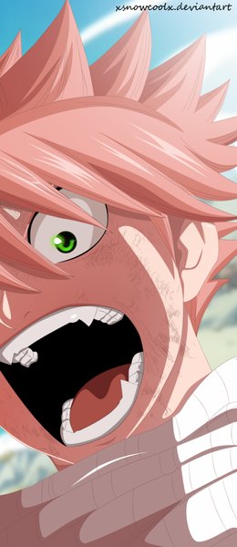 Anime picture 2000x4601 with fairy tail natsu dragneel xsnowcoolx single tall image highres short hair open mouth green eyes pink hair sky cloud (clouds) coloring close-up face angry screaming boy scarf