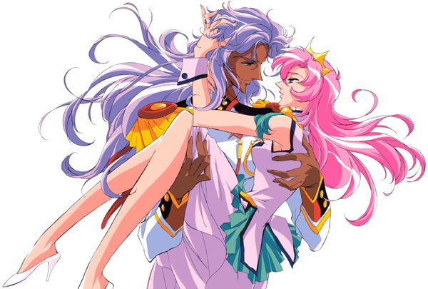 Anime picture 2750x1860 with revolutionary girl utena j.c. staff tenjou utena ootori akio long hair highres blue eyes green eyes pink hair purple hair parted lips profile high heels sleeveless couple hug dark skin hand on head face to face carrying