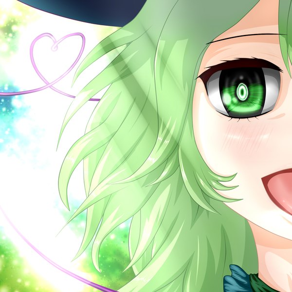 Anime picture 2000x2000 with touhou komeiji koishi newovermind single looking at viewer blush highres short hair open mouth simple background smile green eyes payot green hair sunlight close-up face sunbeam heart of string girl