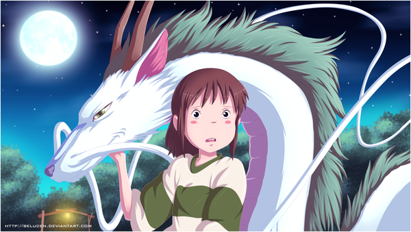 Anime picture 1387x784 with spirited away studio ghibli haku (spirited away) ogino chihiro haku (dragon) belucen blush short hair open mouth brown hair wide image green eyes horn (horns) black eyes loli night sky coloring fantasy girl plant (plants)