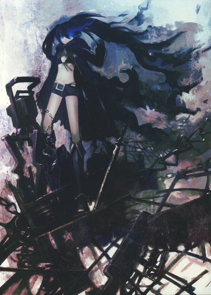 Anime picture 2404x3373 with black rock shooter black rock shooter (character) huke single long hair tall image highres blue eyes black hair twintails scan glowing scar glowing eye (eyes) pale skin arm cannon girl weapon jacket shorts
