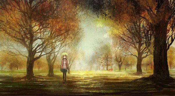 Anime picture 1500x827 with original lm7 (op-center) single short hair wide image standing green eyes green hair scenic autumn girl skirt plant (plants) pantyhose tree (trees) jacket bench park