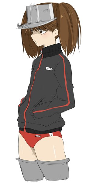 Anime picture 600x1139 with kantai collection ryuujou light aircraft carrier isshiki (ffmania7) single tall image looking at viewer short hair simple background brown hair white background twintails brown eyes looking away hands in pockets sketch girl thighhighs buruma visor cap track jacket