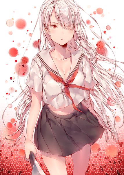 Anime picture 600x840 with dsmile single long hair tall image looking at viewer fringe breasts red eyes large breasts standing white hair pleated skirt hair over one eye girl skirt uniform serafuku knife