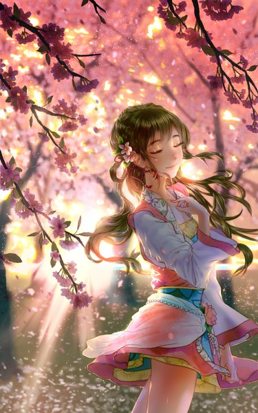 Anime picture 2400x3840 with original rukiana single long hair tall image highres eyes closed green hair cherry blossoms girl dress flower (flowers) plant (plants) petals tree (trees)